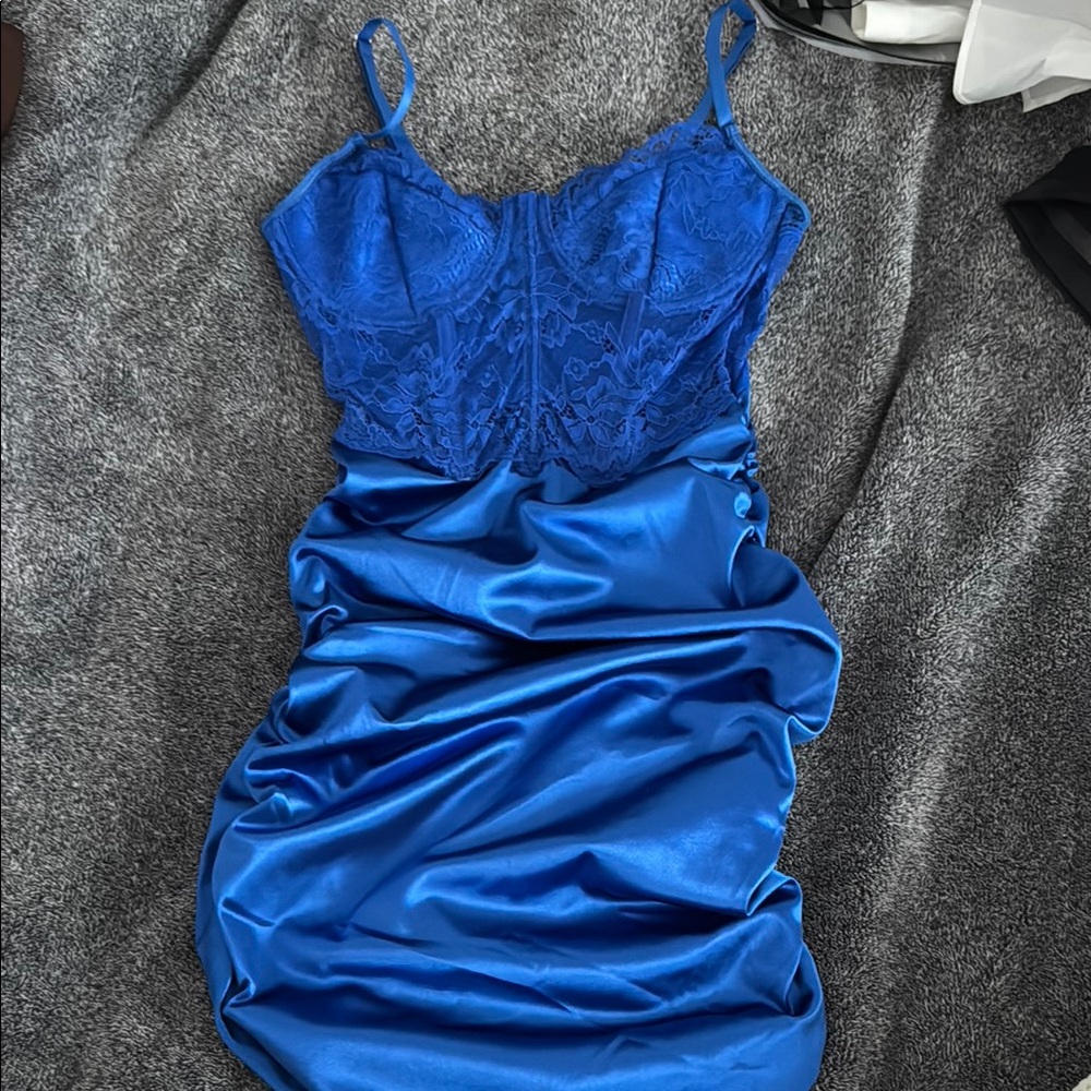 Elegant Royal Blue Lace & Satin Dress